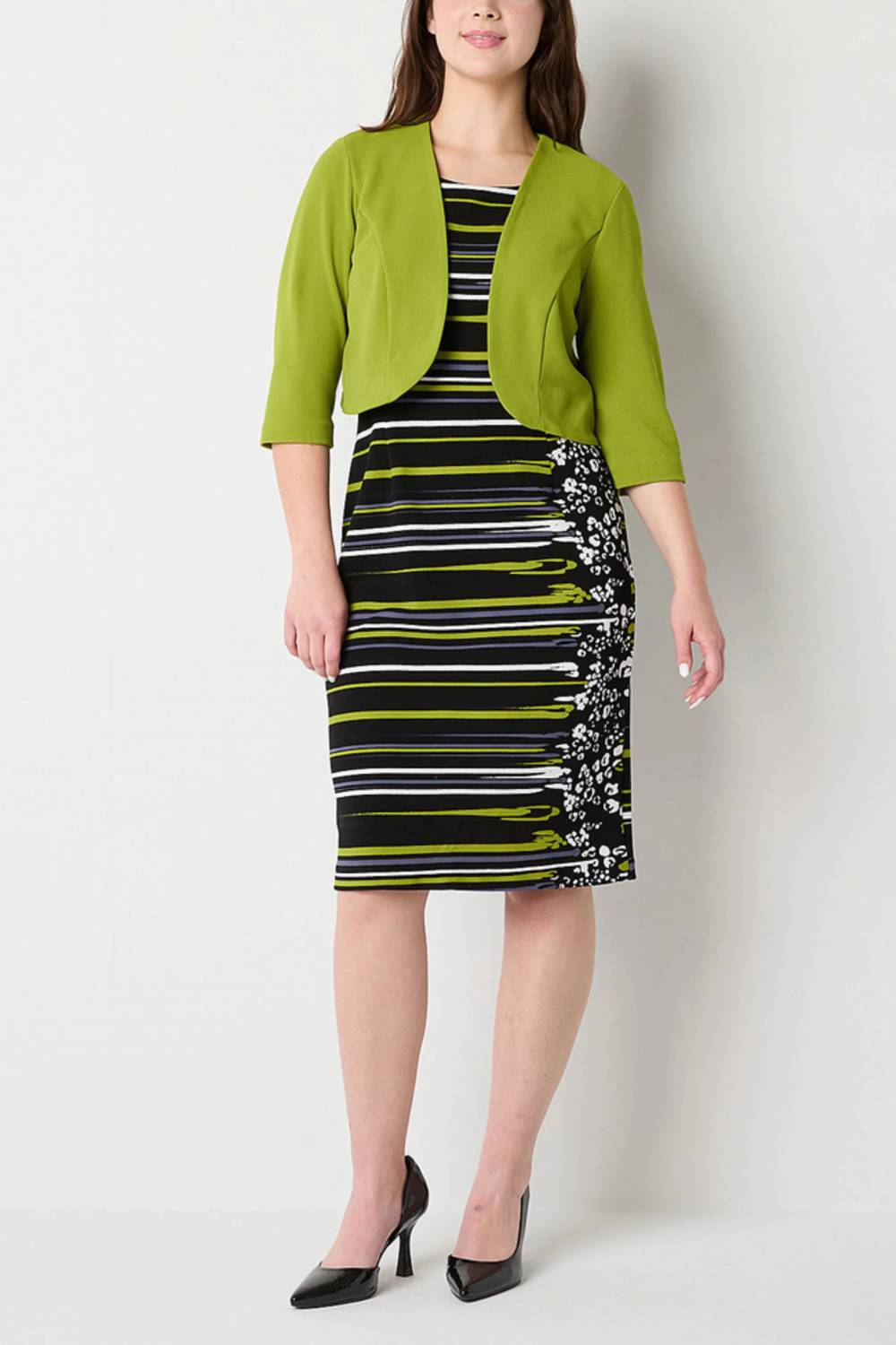 Maya Brooke - Abstract Striped Jacket Dress 2-piece Set