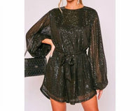 Vine & Love - Shimmer Balloon Sleeve Belted Mini Dress