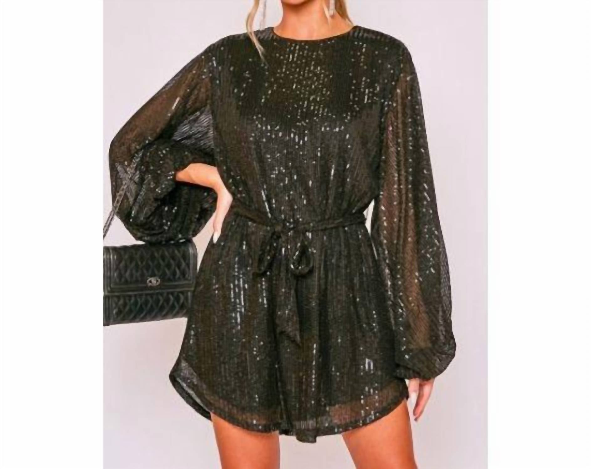 Vine & Love - Shimmer Balloon Sleeve Belted Mini Dress