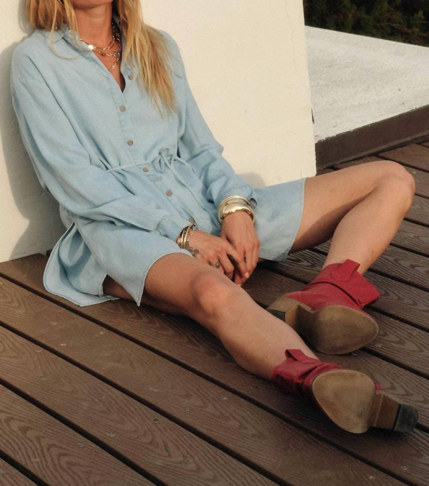 Promesa - Denim Belted Button-up Shirt Romper