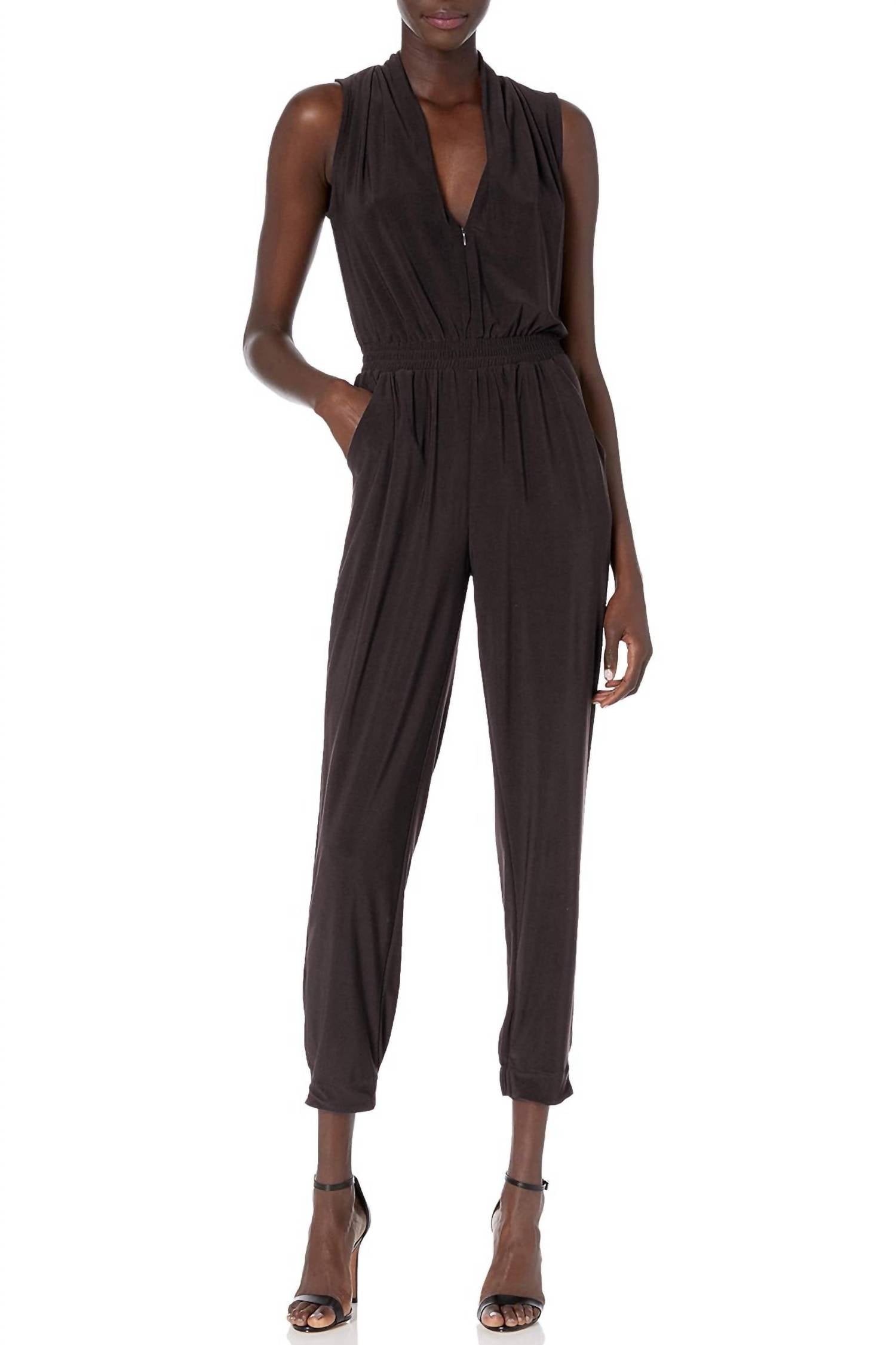 Laundry By Shelli Segal - V-neck Zipper Front Sleeveless Ruched Solid Jumpsuit