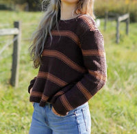 Wooden Ships Mare Striped Chunky Crew Cotton Top in chocolate ale golden brown - women's sweater - detail view