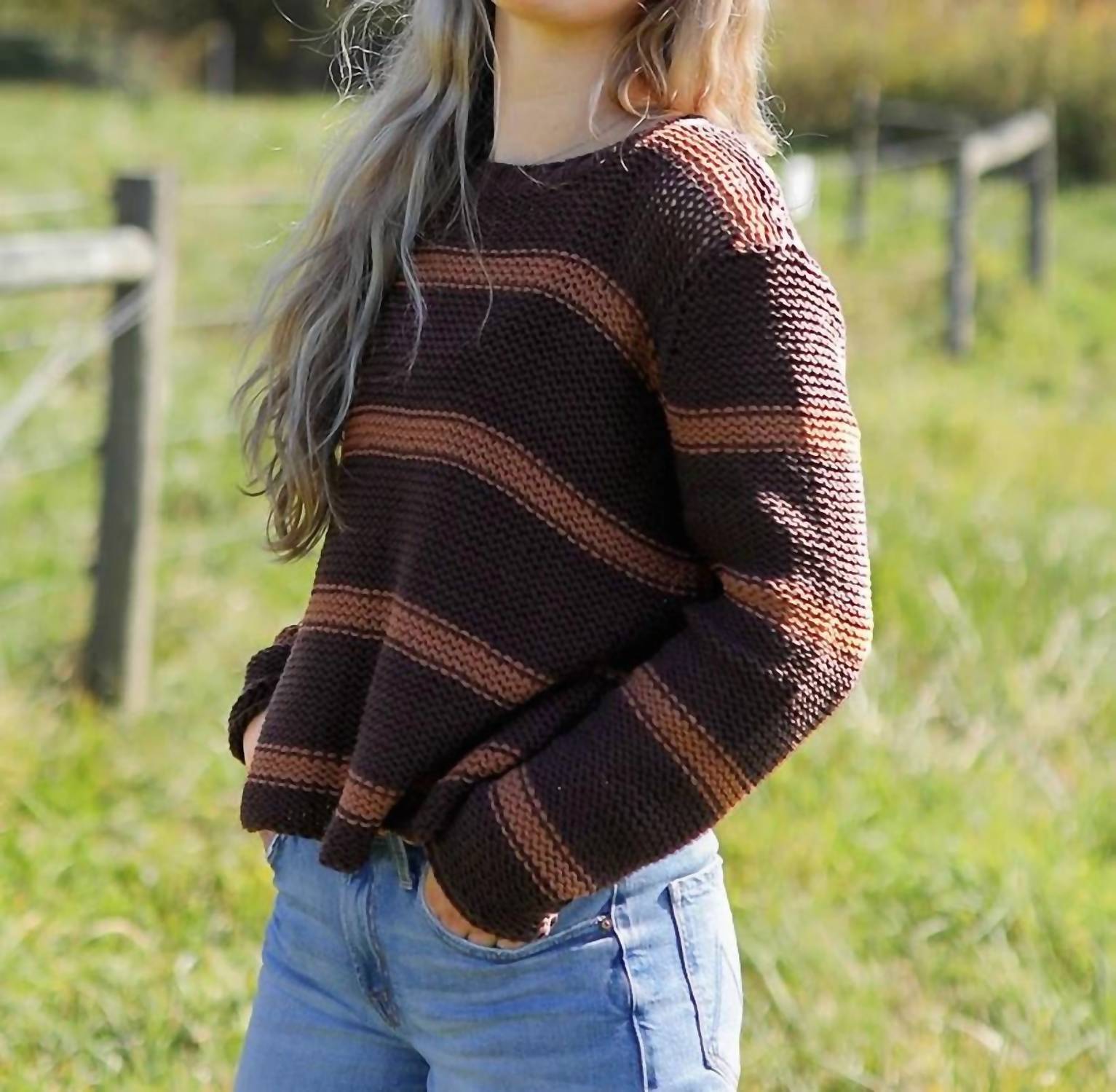Wooden Ships Mare Striped Chunky Crew Cotton Top in chocolate ale golden brown - women's sweater - detail view