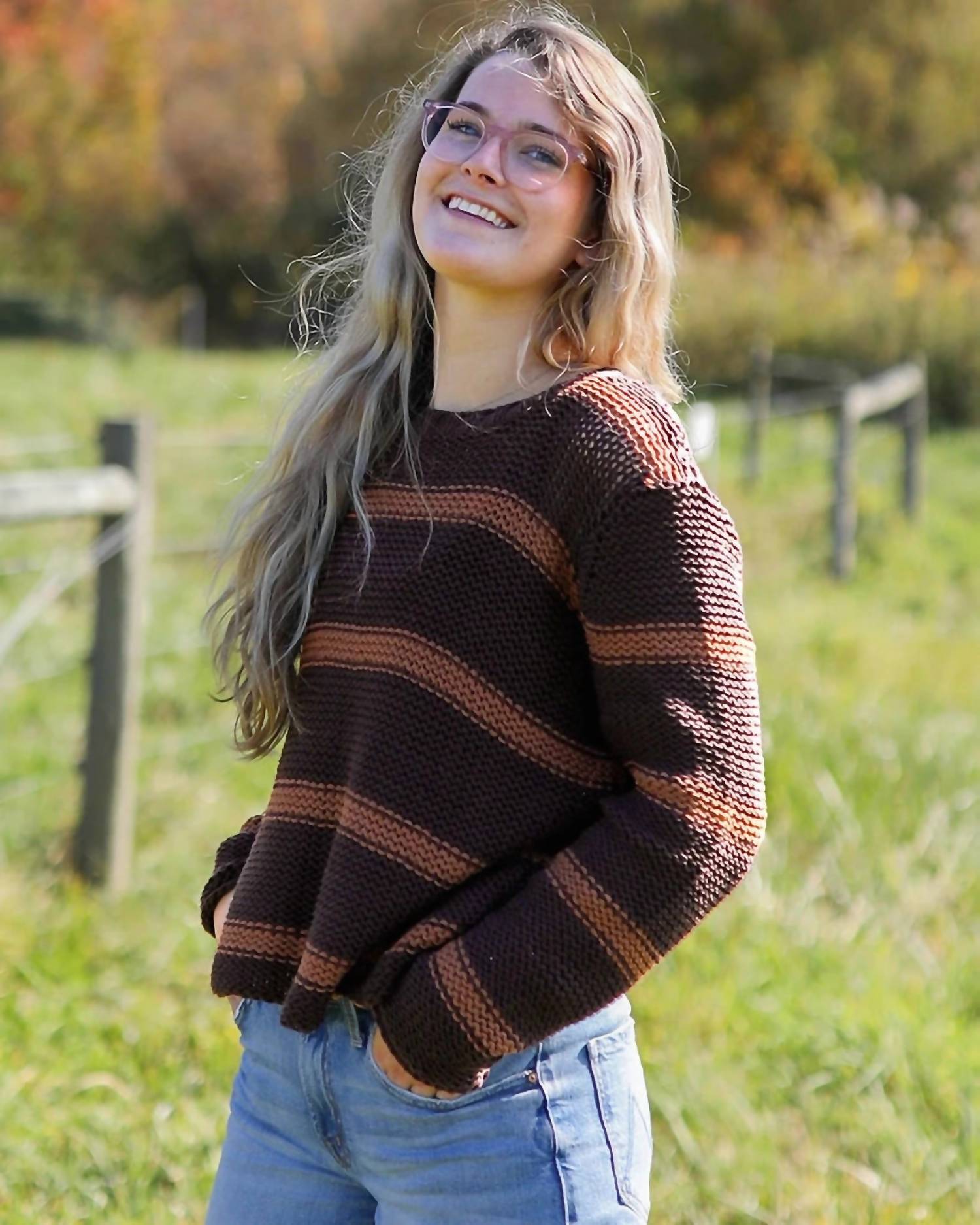 Wooden Ships Mare Striped Chunky Crew Cotton Top in chocolate ale golden brown - women's sweater - alternate view