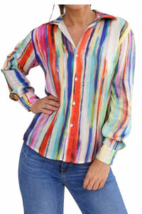 TEMPO PARIS Striped Button Front Shirt in blue - women's blouse