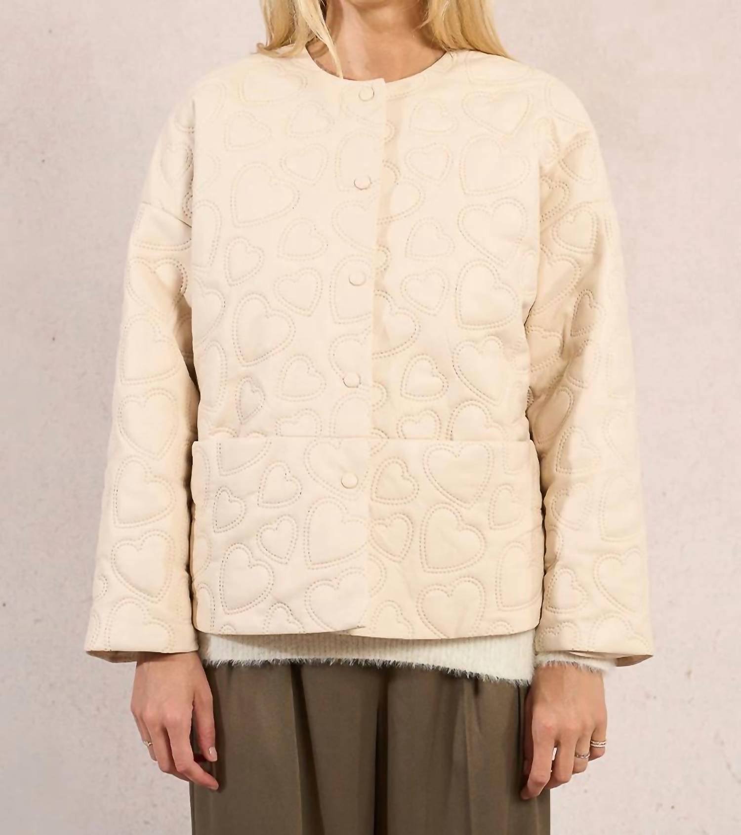 MOLLY BRACKEN Embossed Heart Quilted Jacket in off white - women's jacket