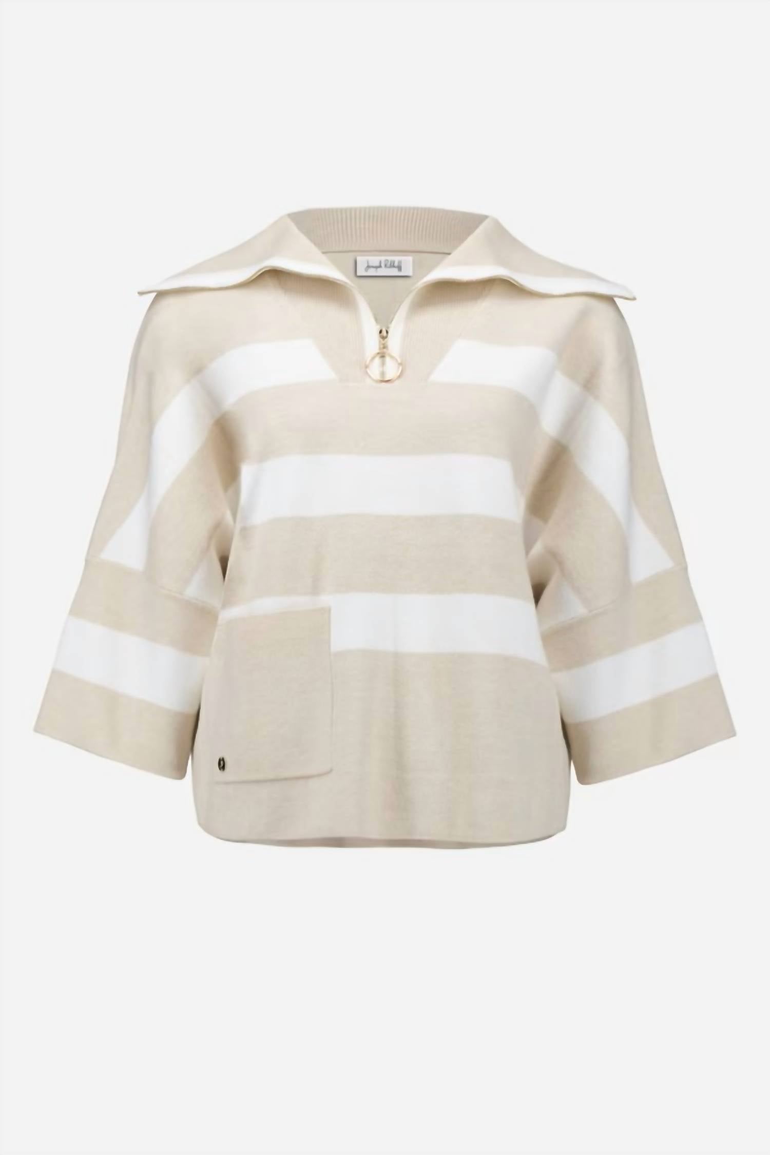 Joseph Ribkoff Striped Zipper Casual Top in birch melange winter white - women's blouse - view 4