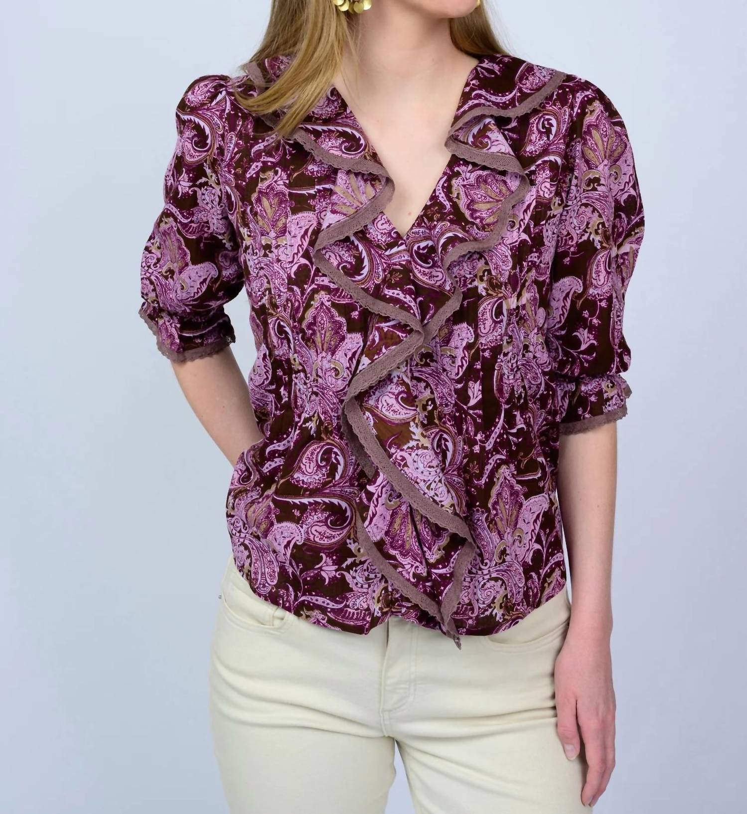 Ivy Jane Paisley ruffle top in chocolate - women's blouse - detail view