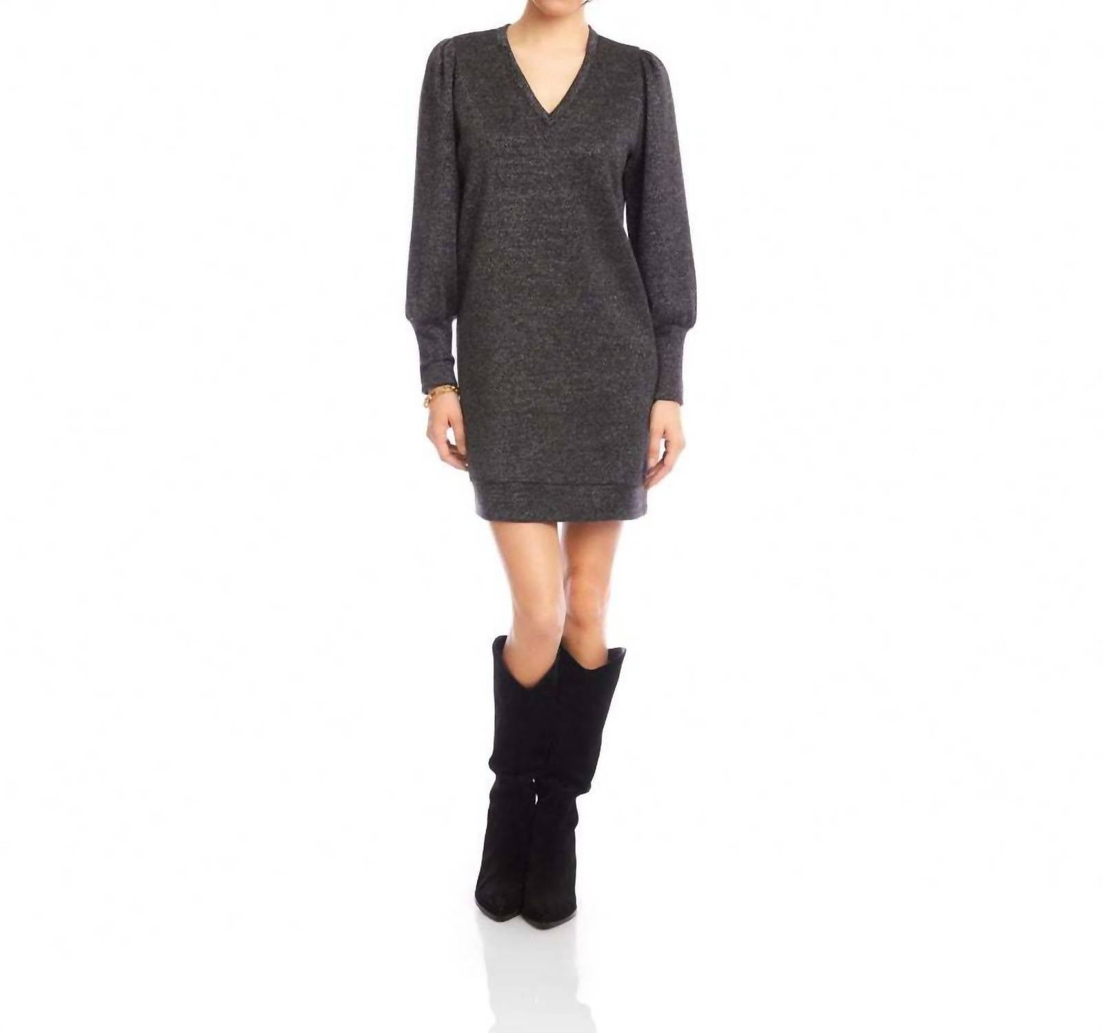 Karen Kane Puff Sleeve V-Neck Dress in black with silver - women's dress