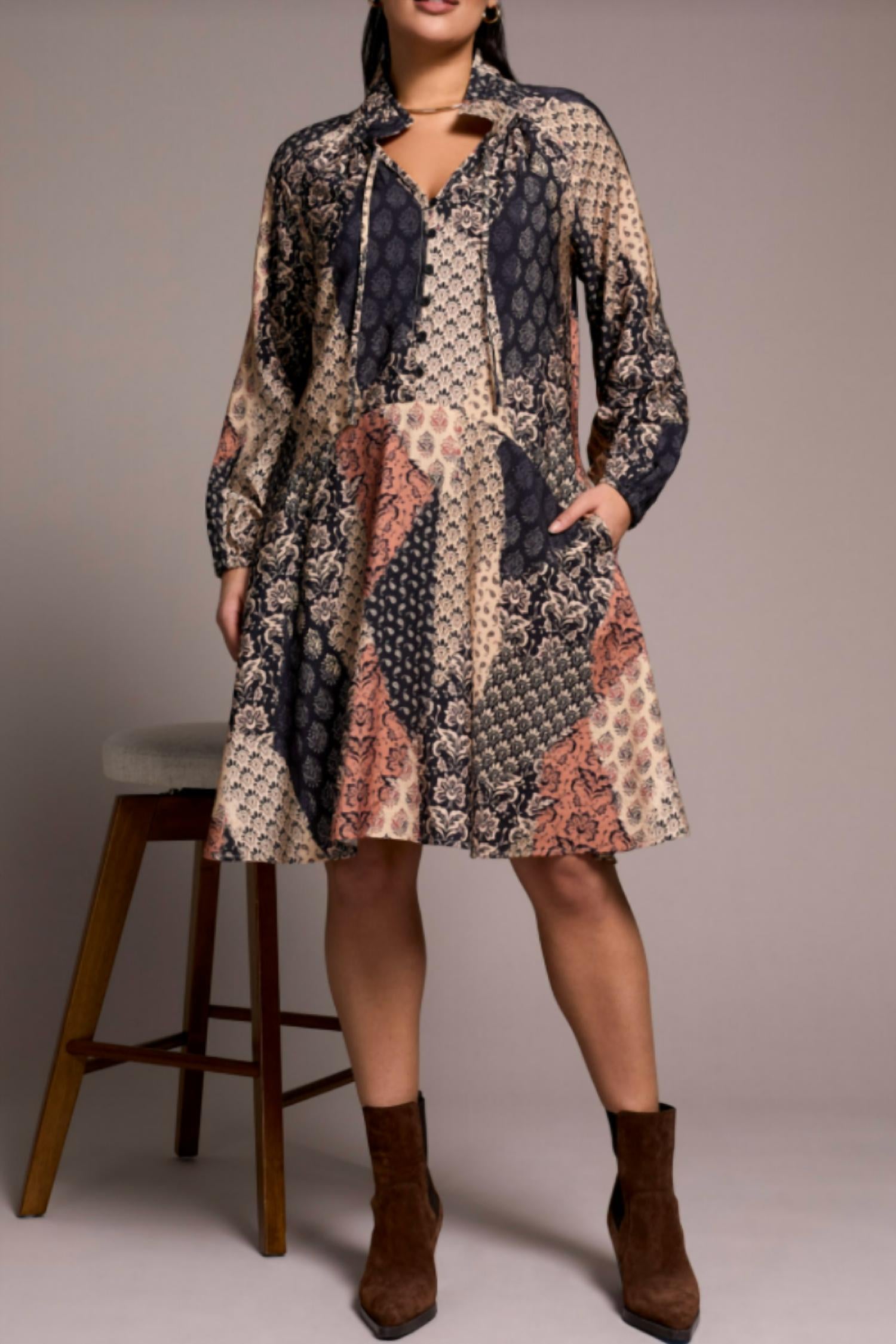 TRIBAL Raglan Sleeve Dress With Cut And Pockets in almond latte - women's dress