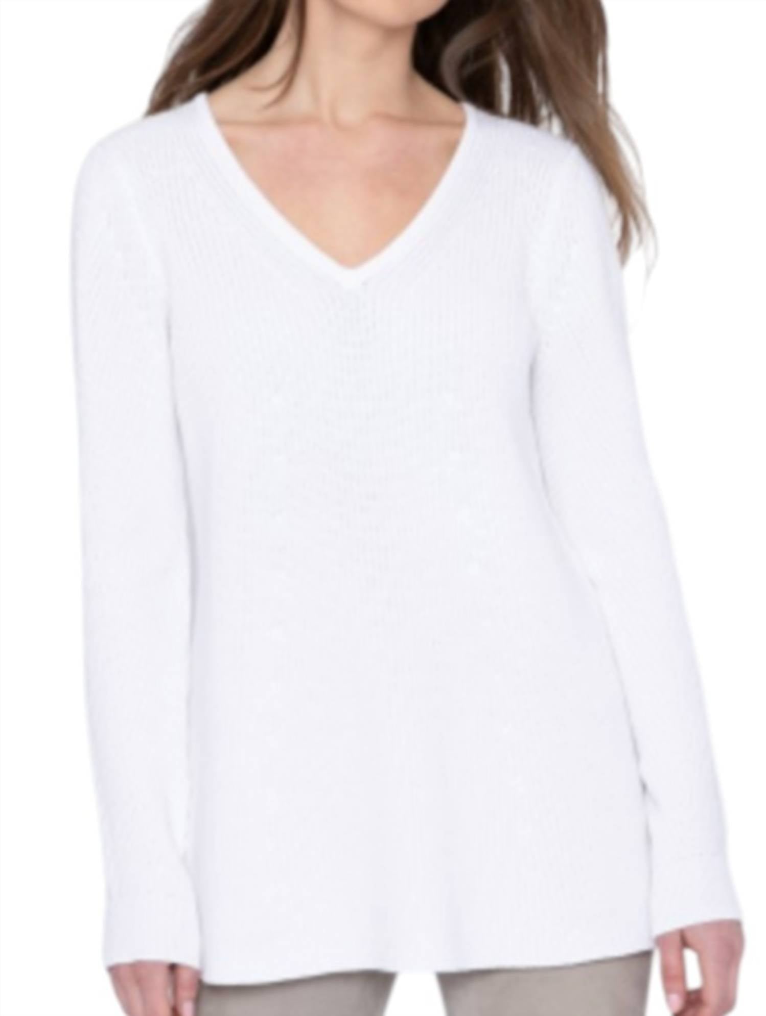 Kinross Cotton Easy Rib Vee Sweater in champagne - women's sweater - detail view