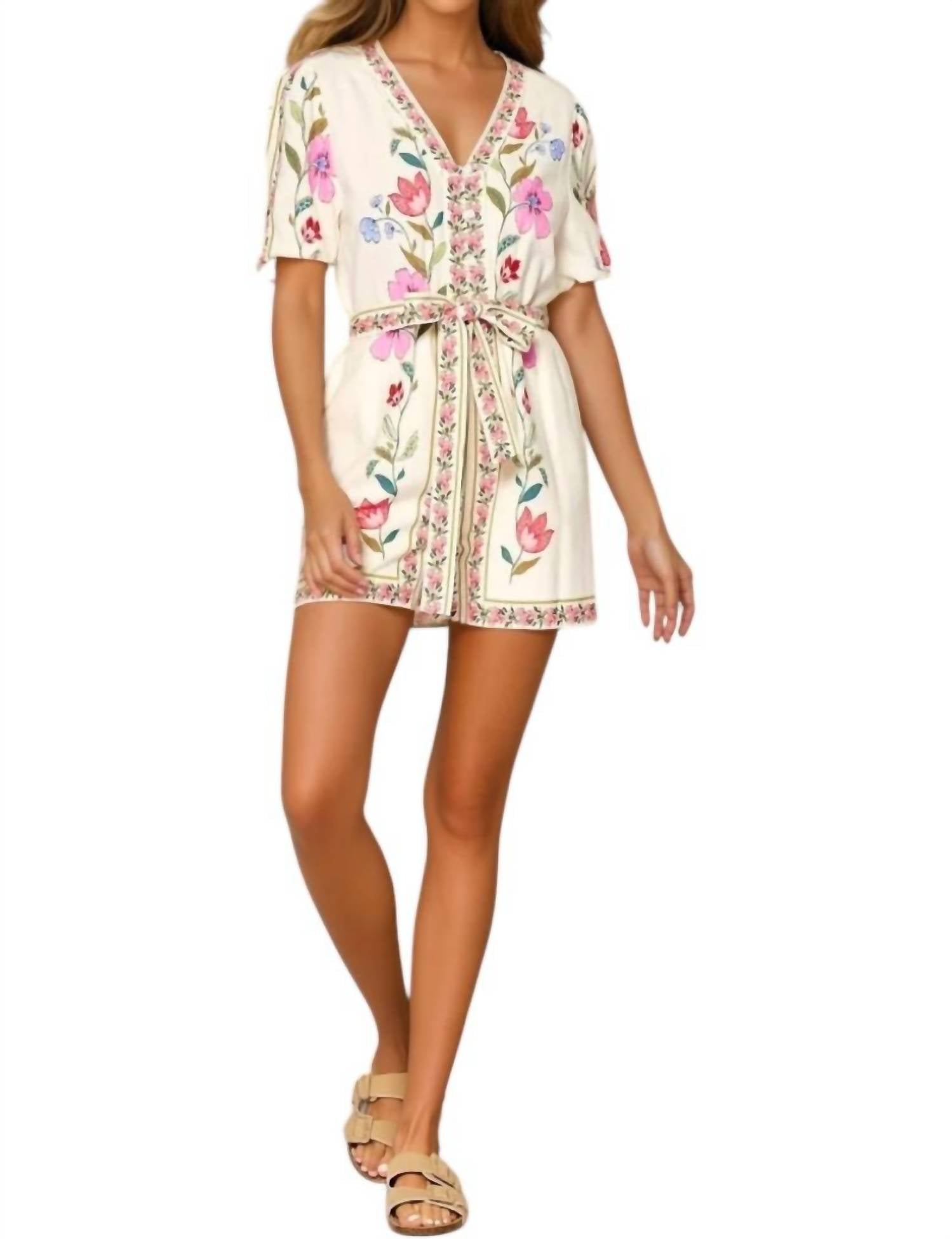 Lalavon - Rafaela Flower Print Short Puff Sleeve Romper