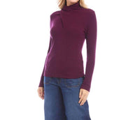 Karen Kane Ribbed Faux Wrap Turtleneck Top in eggplant - women's long sleeve top - detail view