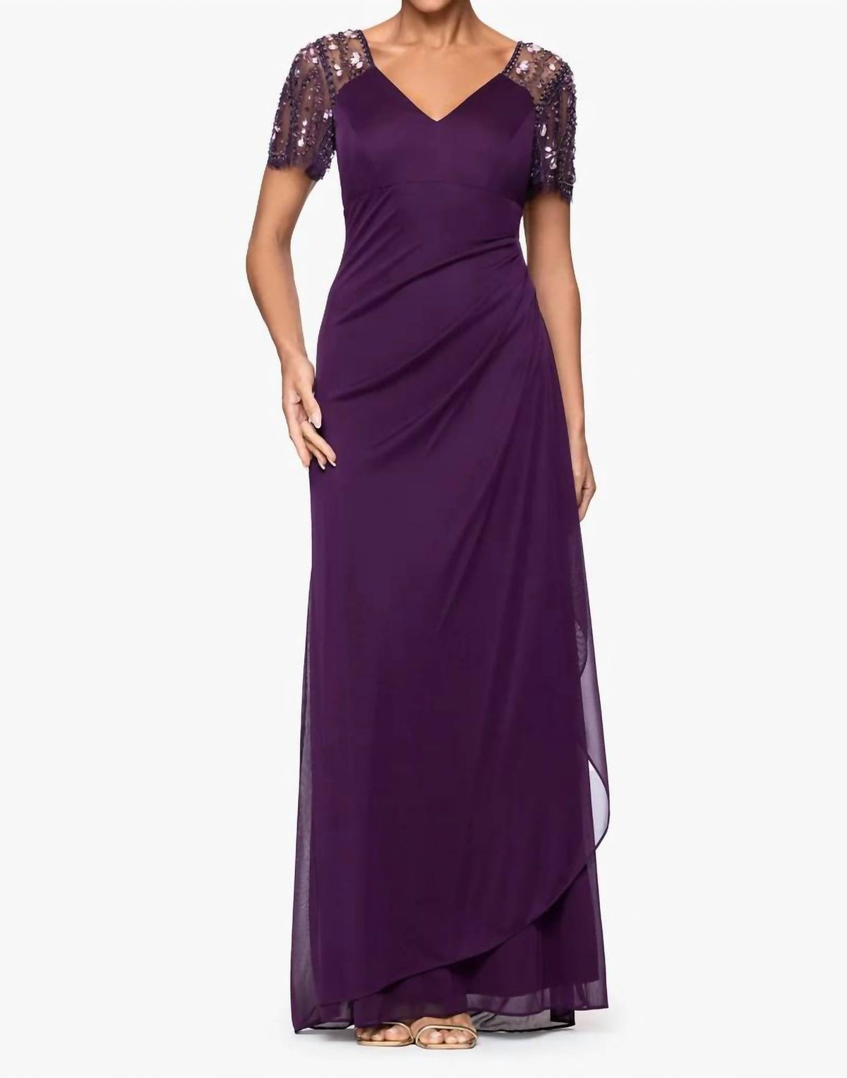 Xscape - Lana Sheer Matte Jersey Beaded Flutter Sleeve Dress