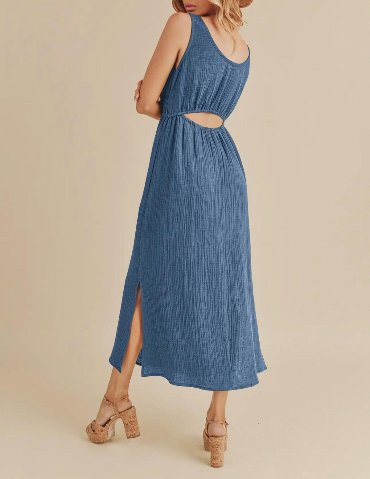 AEMI + CO Athens Gauze Maxi Dress in azure - women's dress - detail view