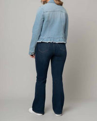Pine Apparel - Peplum Hem Denim Jacket W/ Novelty Buttons
