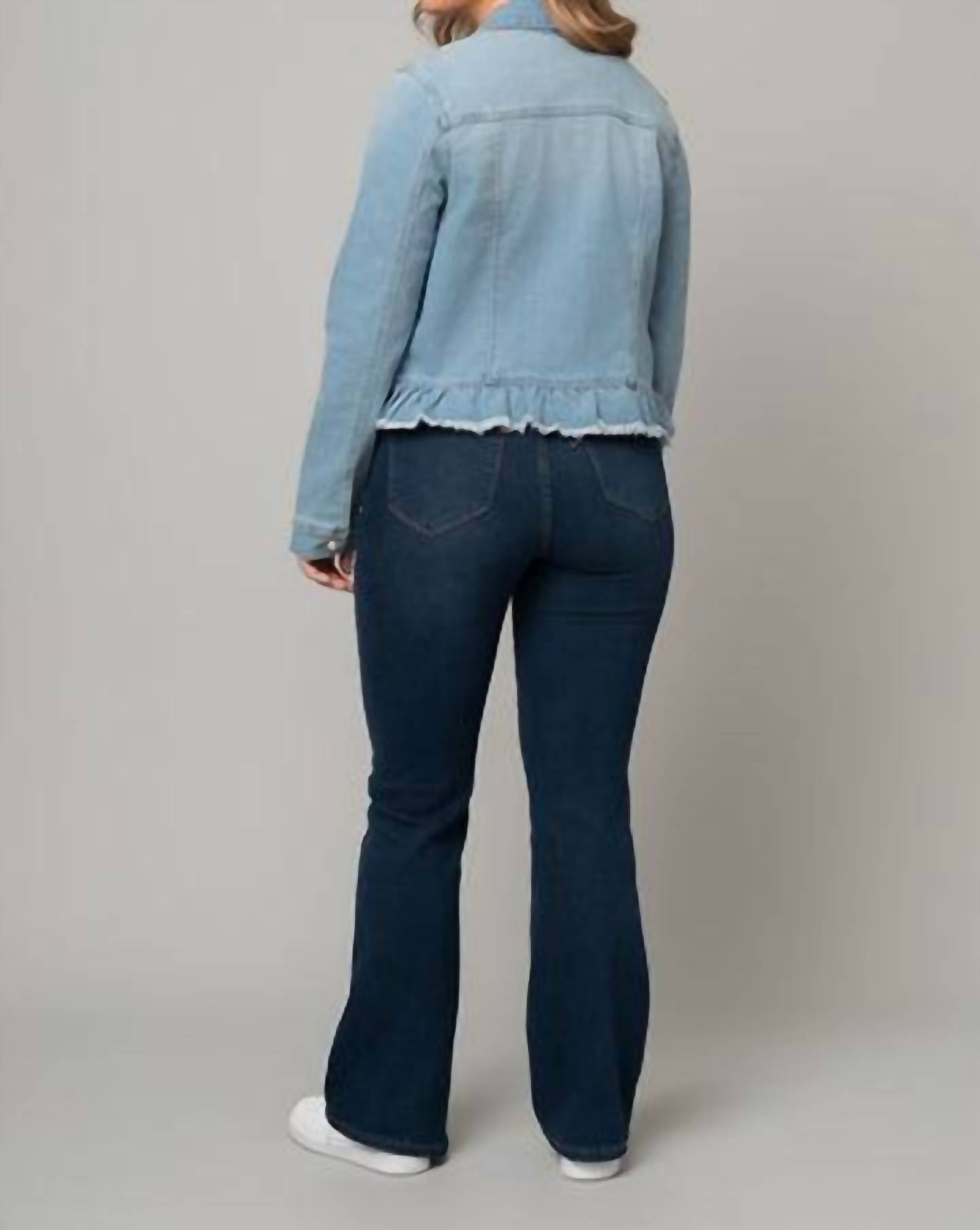 Pine Apparel - Peplum Hem Denim Jacket W/ Novelty Buttons