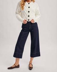 Bluivy - Cropped Button Front Cable Knit Cardigan