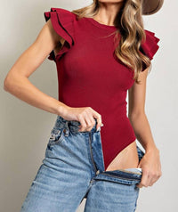 Ee:Some - Ribbed Bodysuit With Ruffled Sleeves