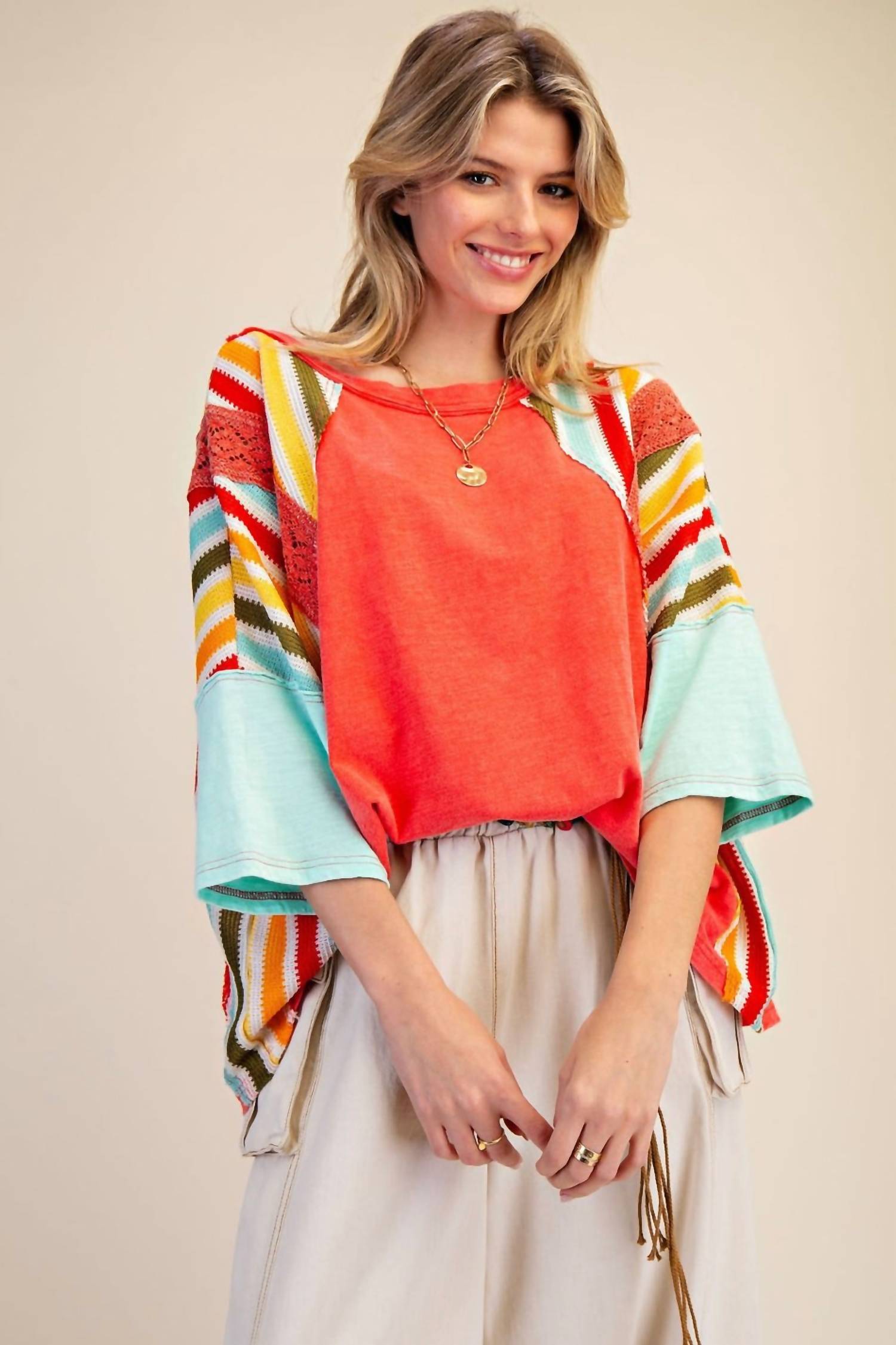 Easel - Mineral Wash Quarter Sleeves Top