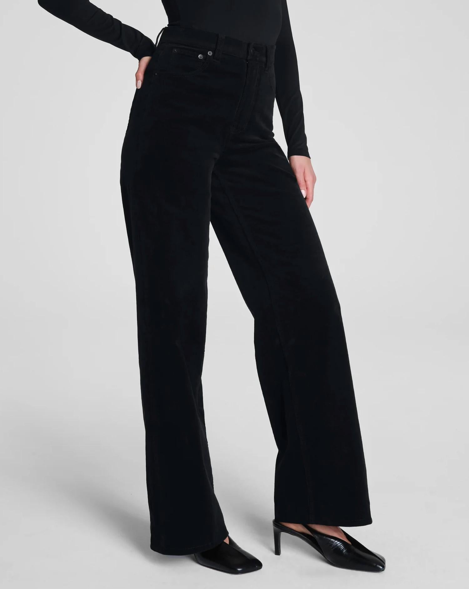 Spanx Corduroy Wide Leg Jeans in black - women's jeans - detail view