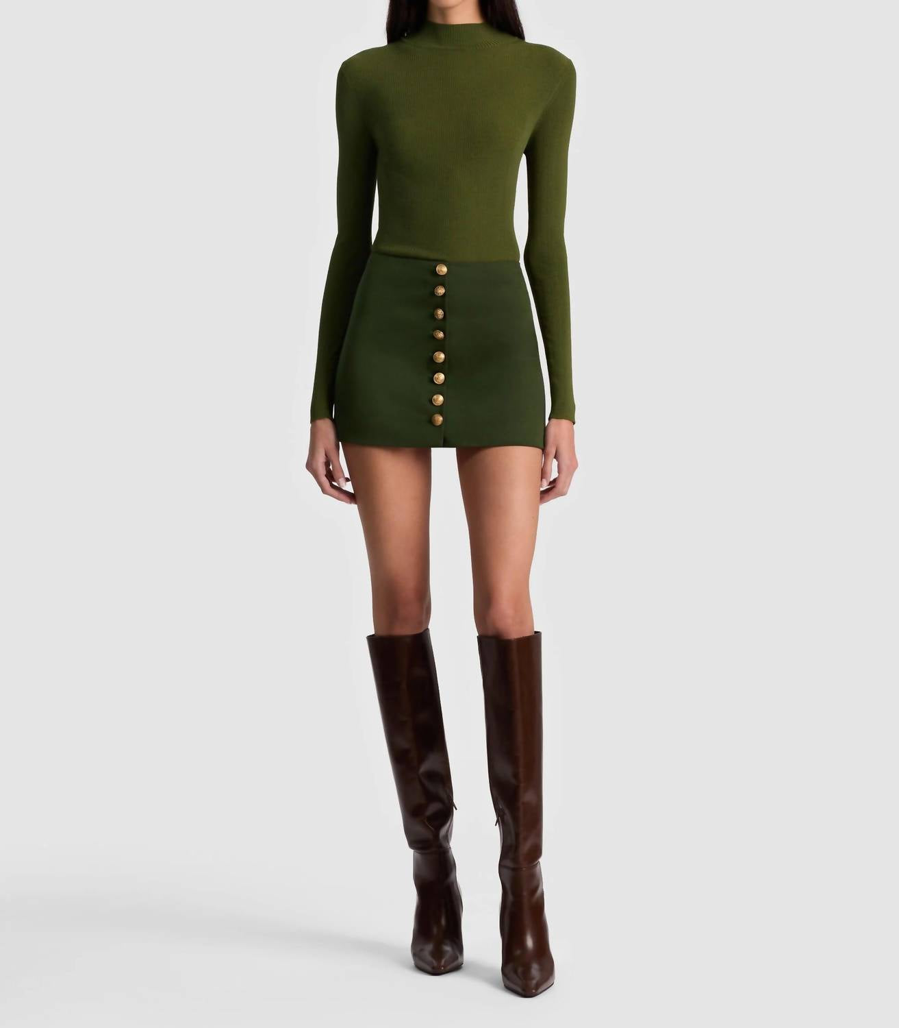 alice + olivia Rubi Mini Skirt in olive green - women's skirt - detail view
