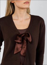 J. Society Satin Bow Cardigan in chocolate - women's cardigan - alternate view