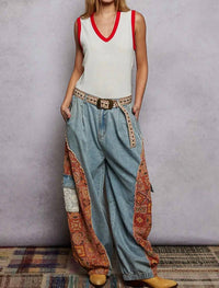 POL Boho Floral Patchwork Cargo Joggers in lt denim - women's pants - alternate view