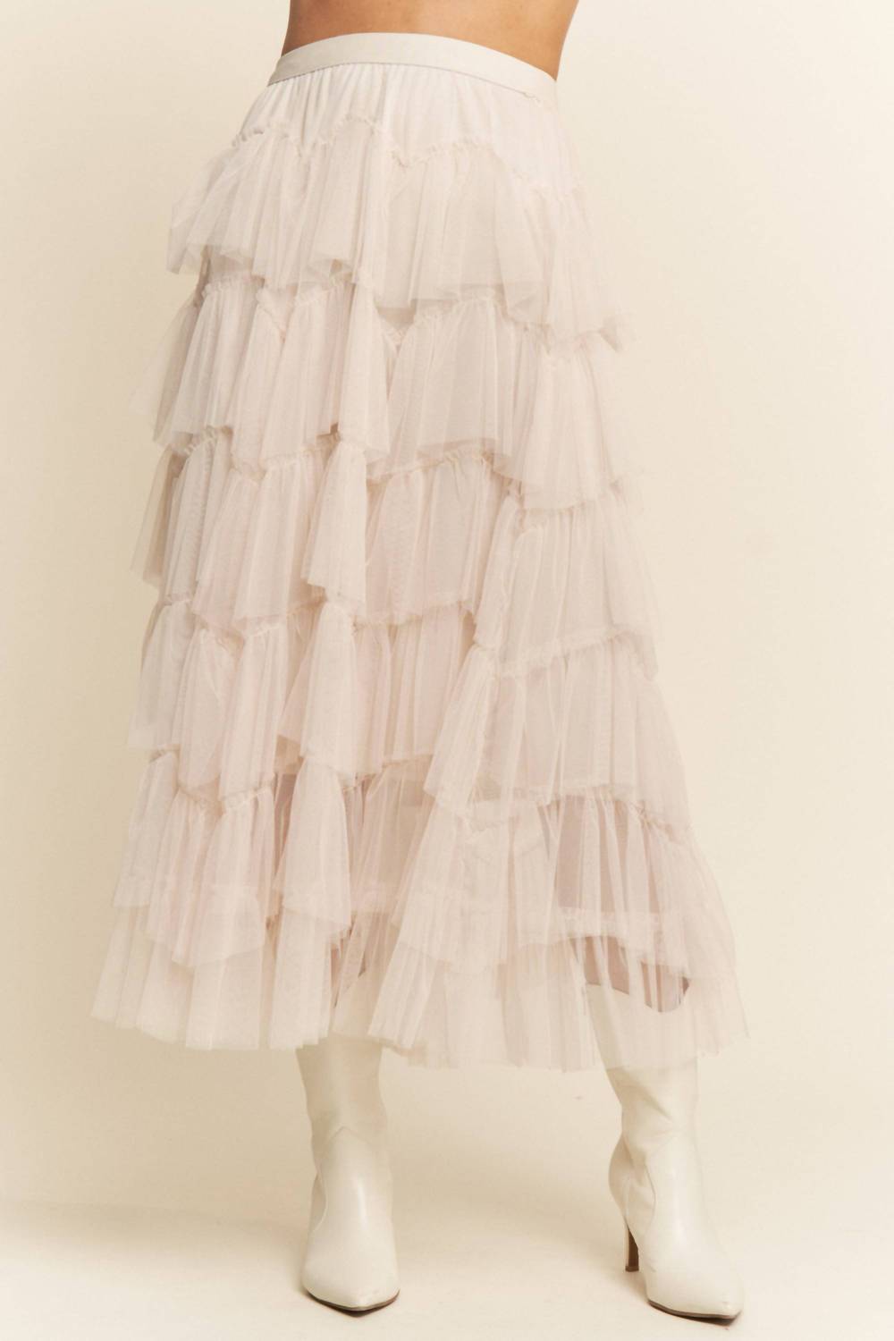 J.Nna - Tiered Ruffle Mesh Lined Maxi Skirt