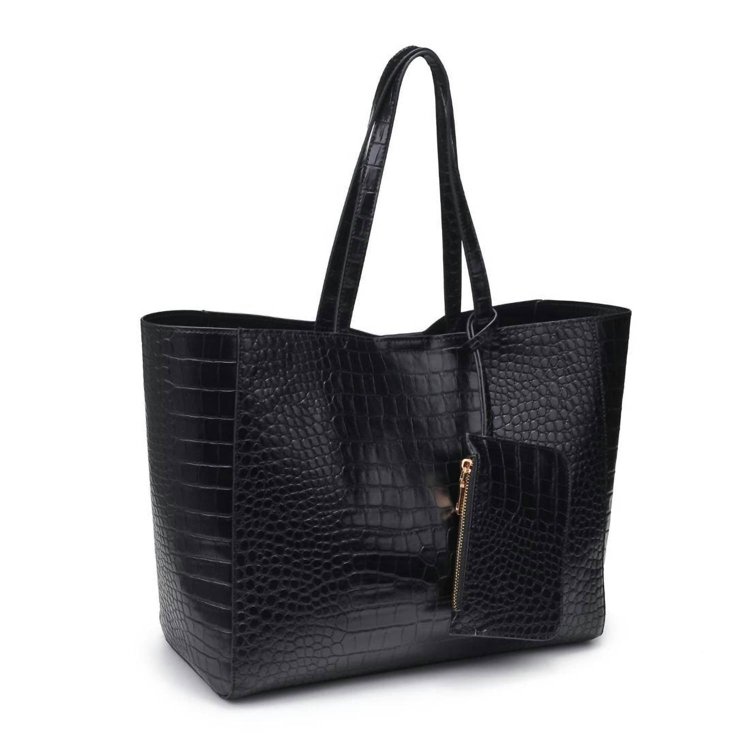 MiMi Wholesale Women's Tiffany Croc Tote Bag in black - women's bag - detail view