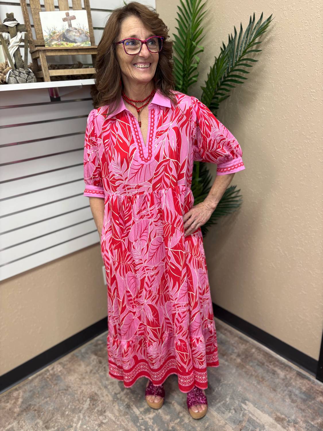 Umgee - Border Print V-neck Midi Dress