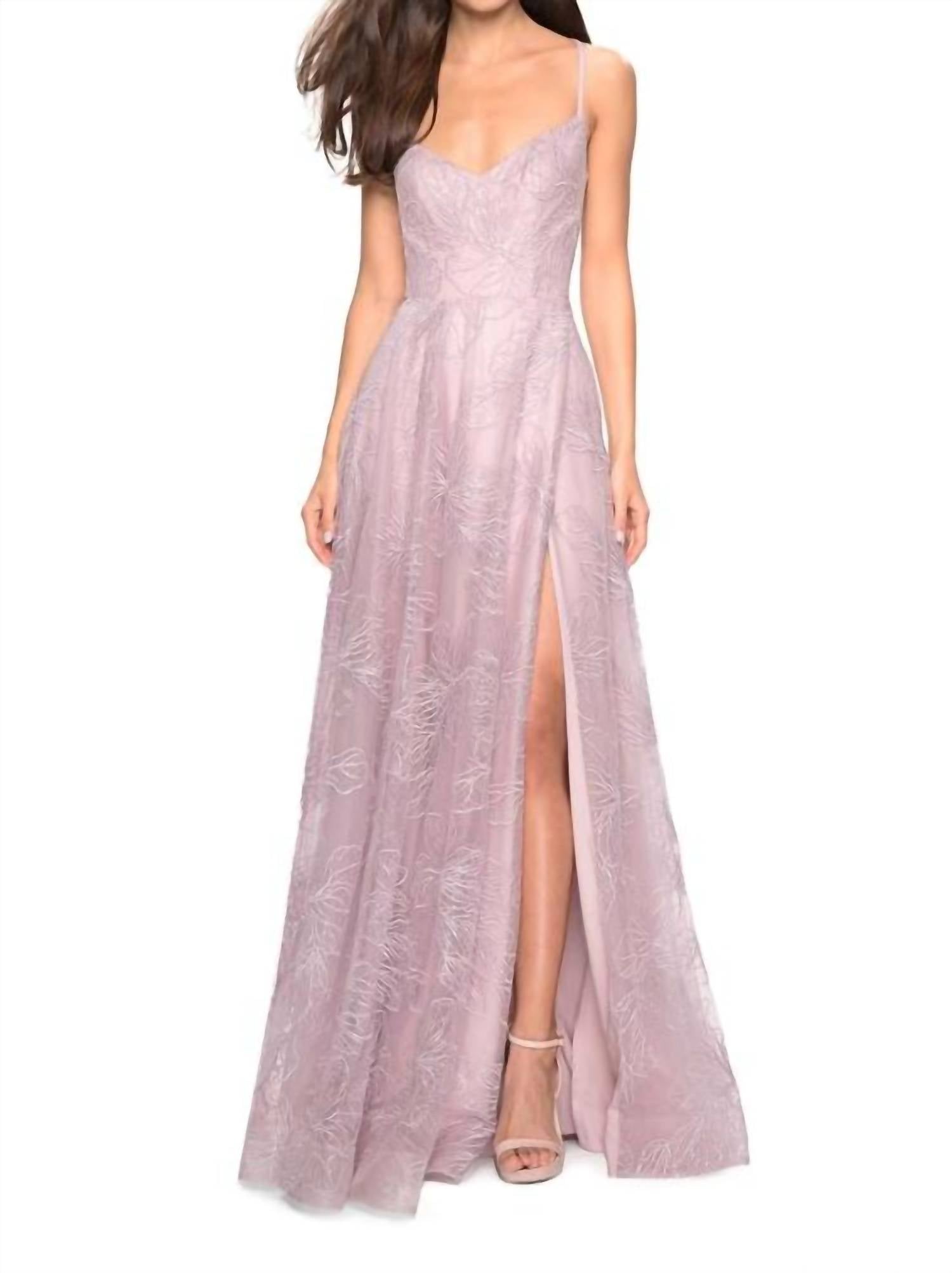 La Femme Floral 2-Strap Satin Gown in mauve - women's dress