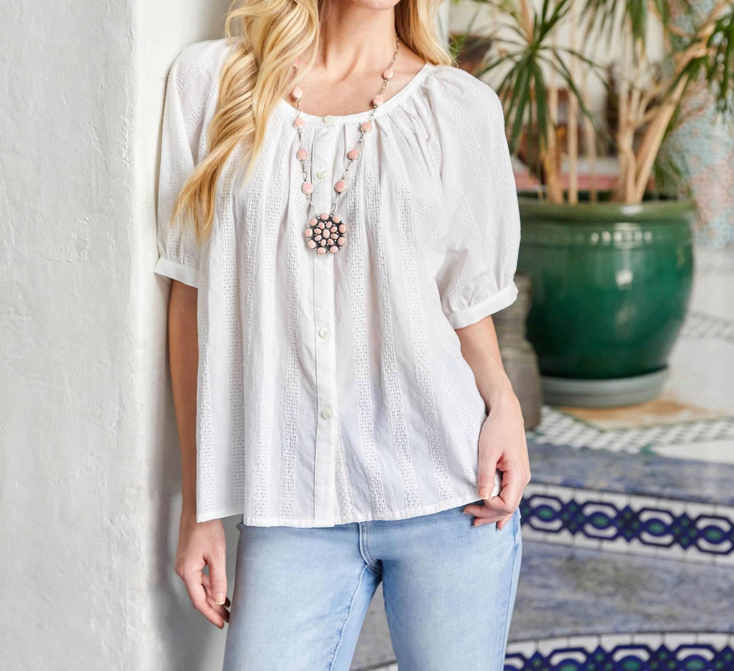 Karen Kane - Short Sleeve Embroidered Peasant Top - Petite Size