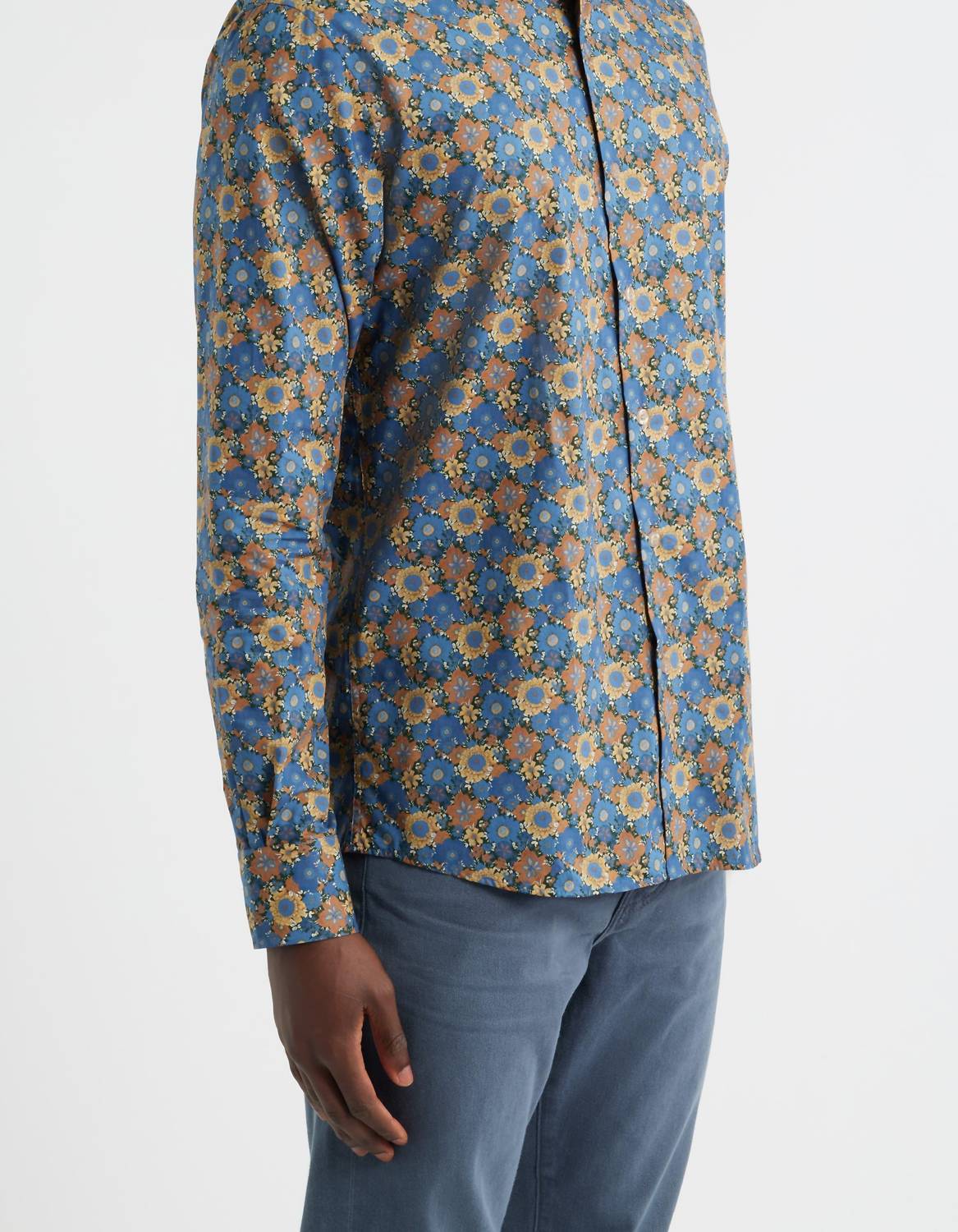 Scott Barber Canclini Regular Fit Floral Cotton Button-up Shirt in blue - men's shirt - detail view