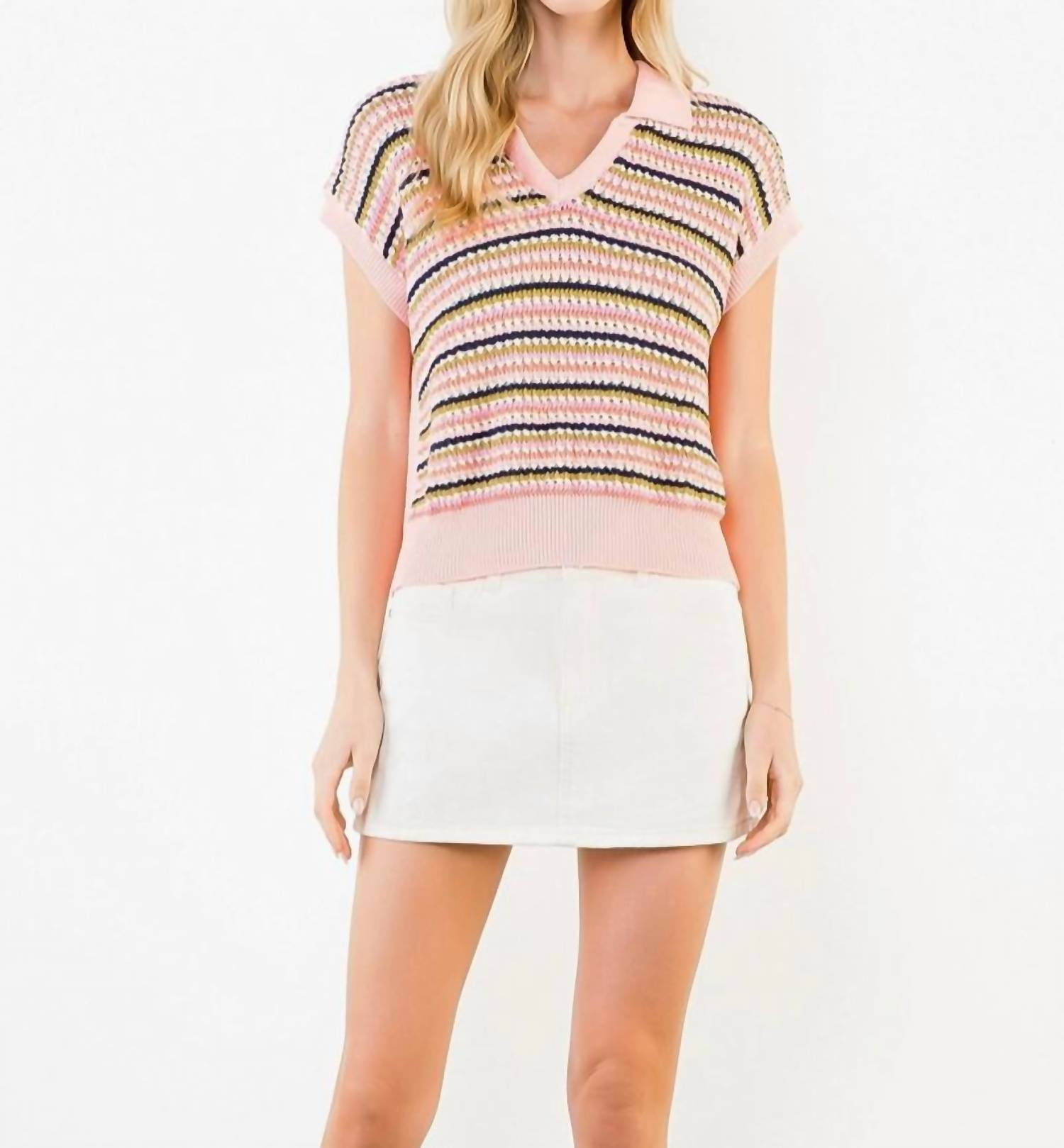 THML Open Knit Collard Sweater Top in pink - women's blouse - view 4