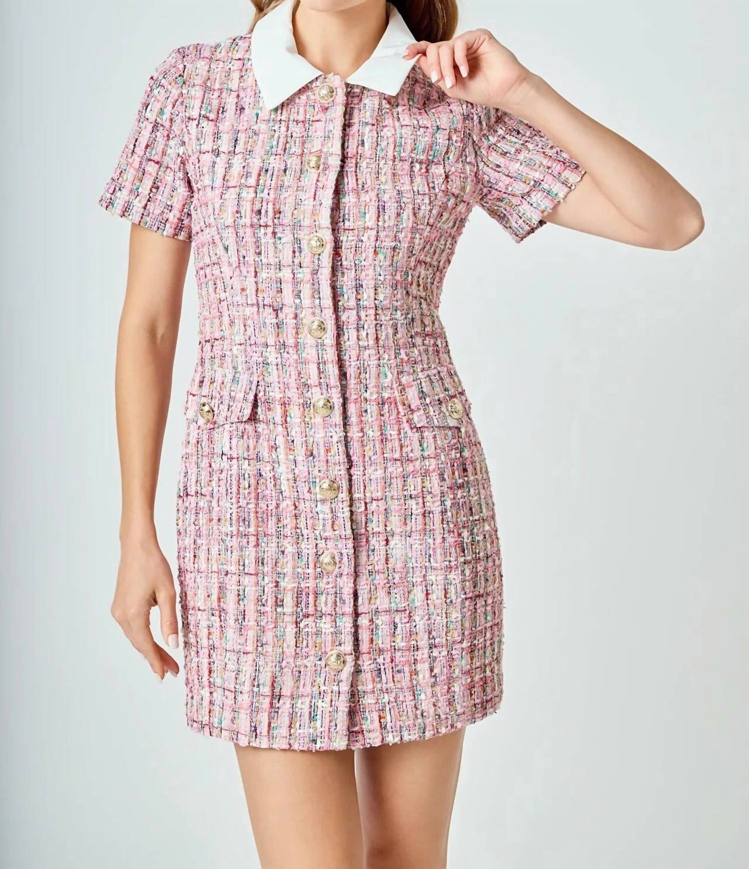 endless rose Tweed Short Sleeve Dress in pink - women's dress
