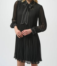 Joseph Ribkoff - Pleated Chiffon A-Line Dress with Neck Tie