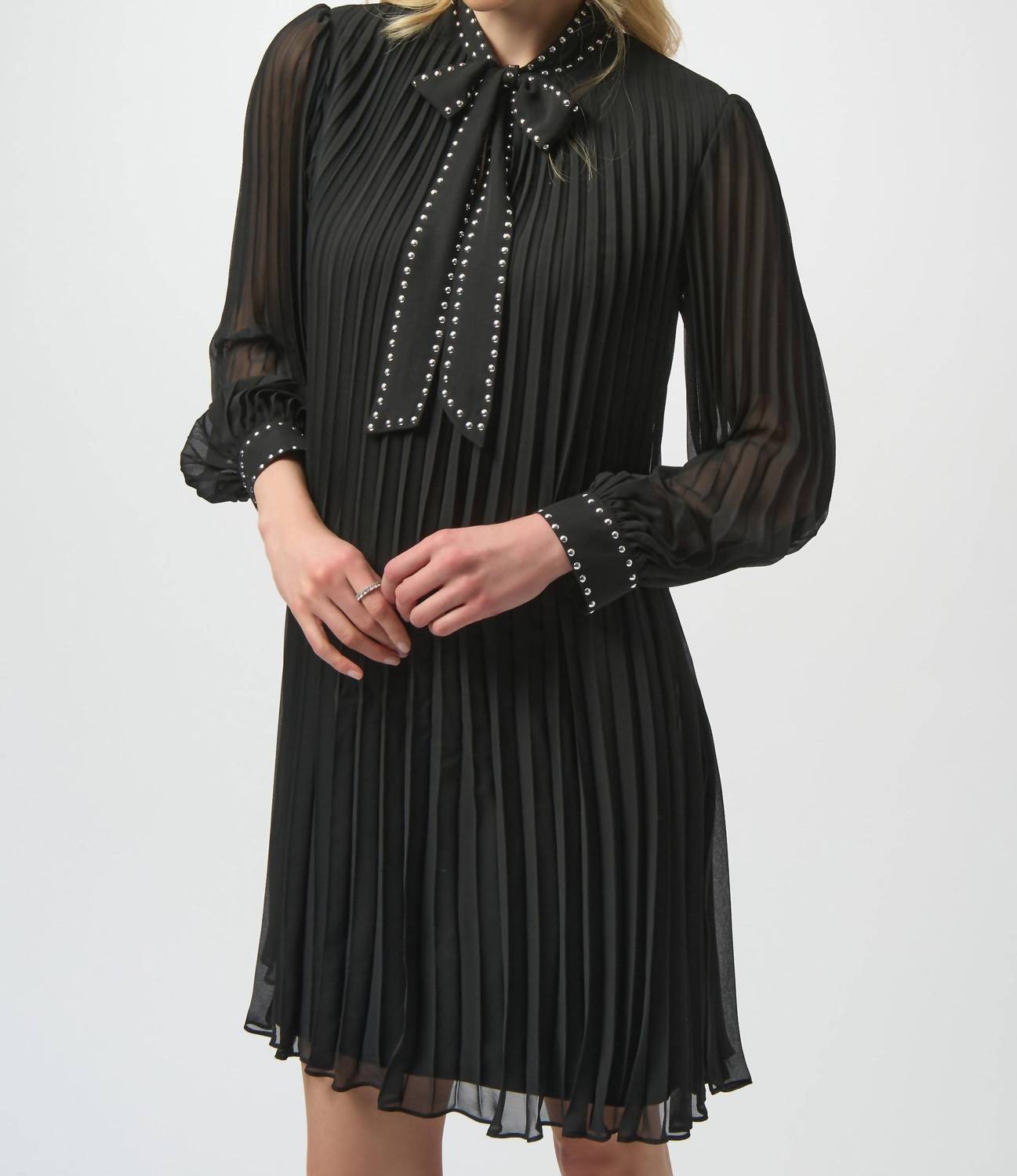 Joseph Ribkoff - Pleated Chiffon A-Line Dress with Neck Tie