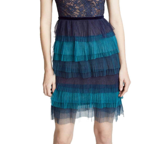Marchesa - TIERED RUFFLE SHORT SLEEVE COCKTAIL DRESS WITH TIE
