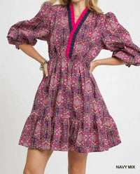 Umgee - Ruffled Neck Boho Print Mini Dress