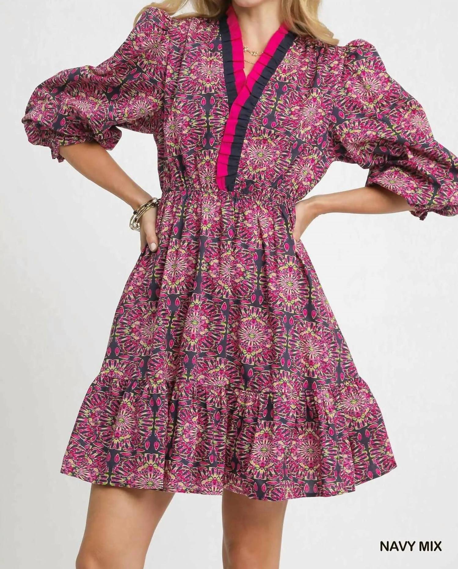 Umgee - Ruffled Neck Boho Print Mini Dress