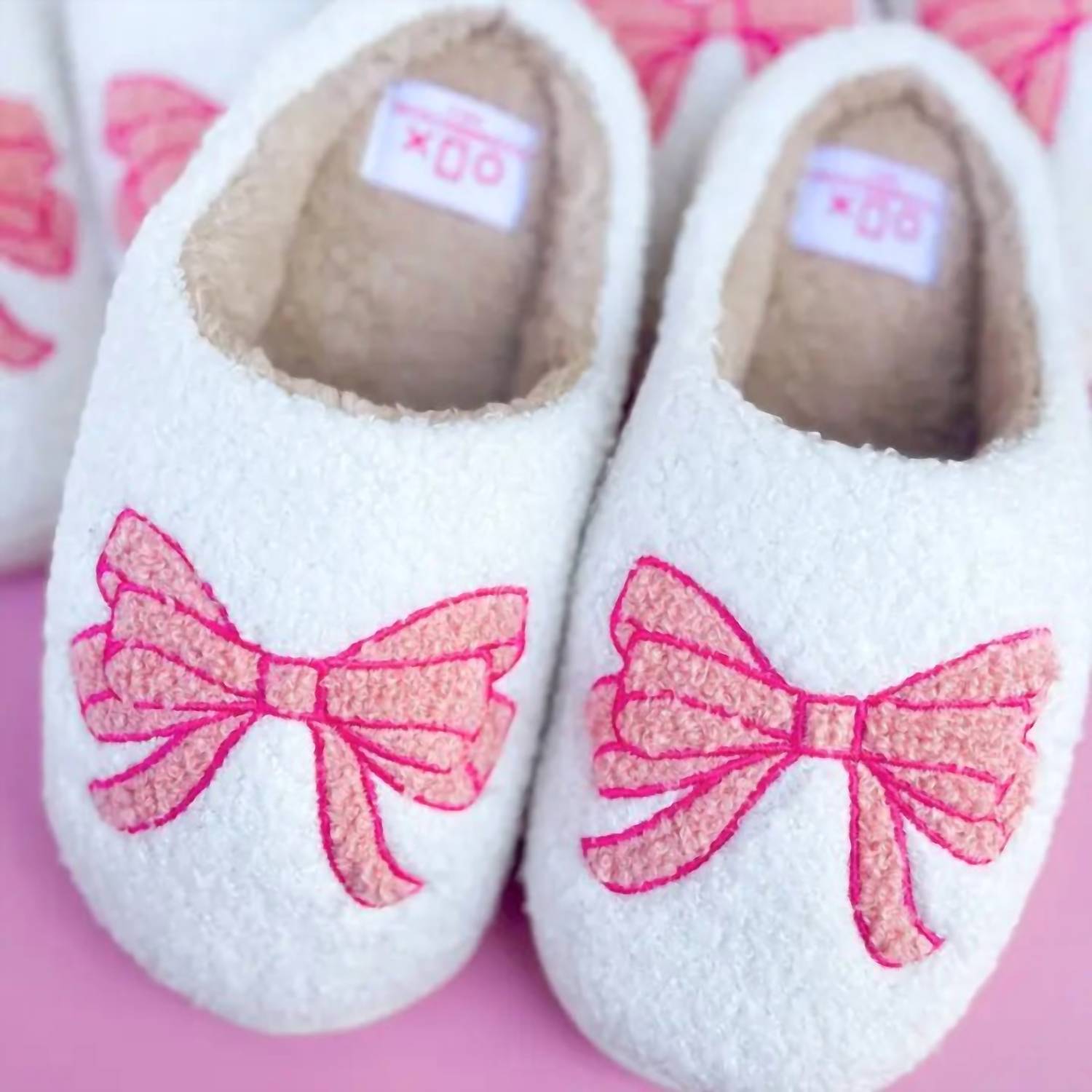 Rock Paper Scissors Women's Bow Slippers in white pink - women's shoe - detail view