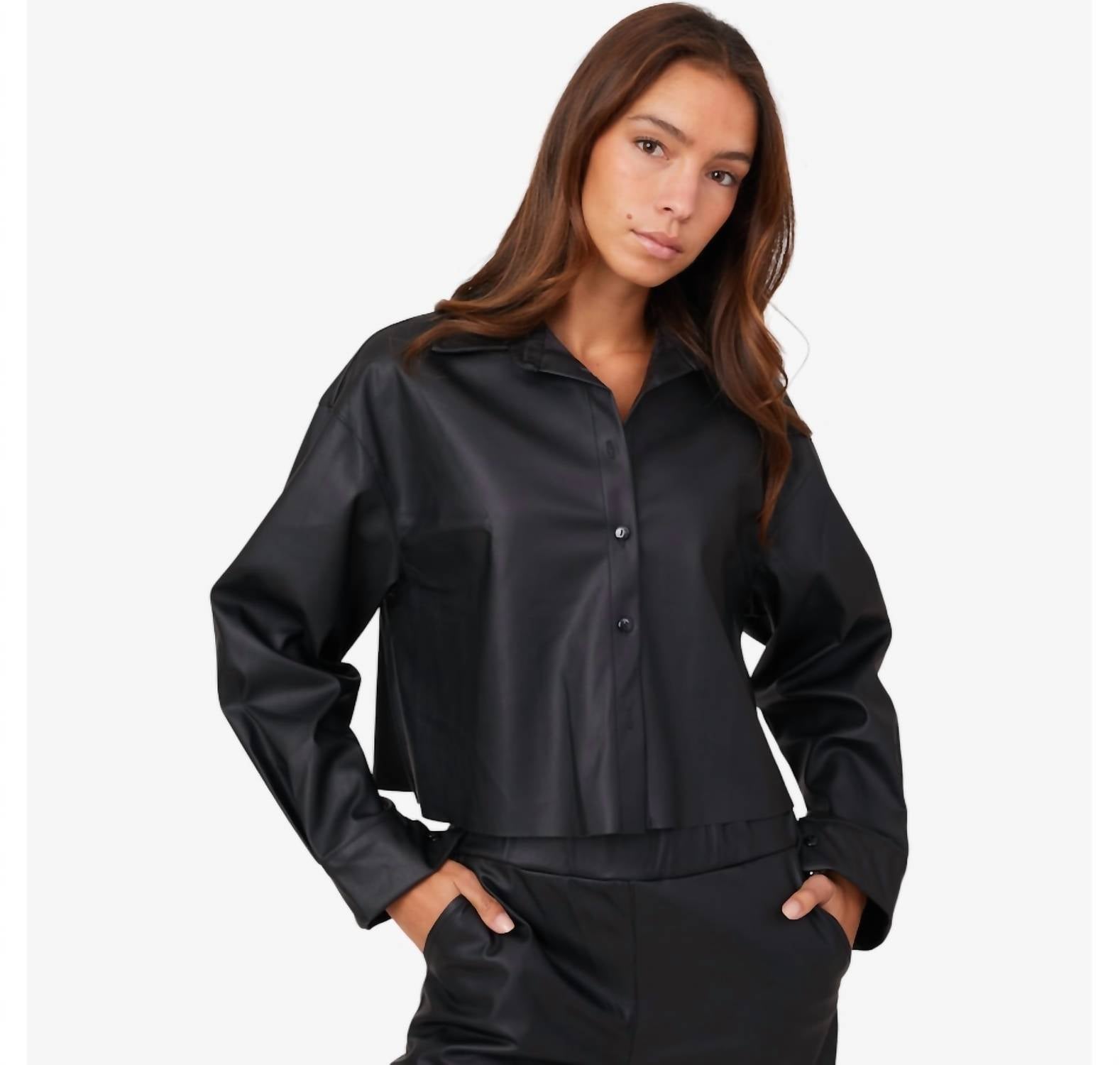 Astrid - Faux Leather Button Front Shirt