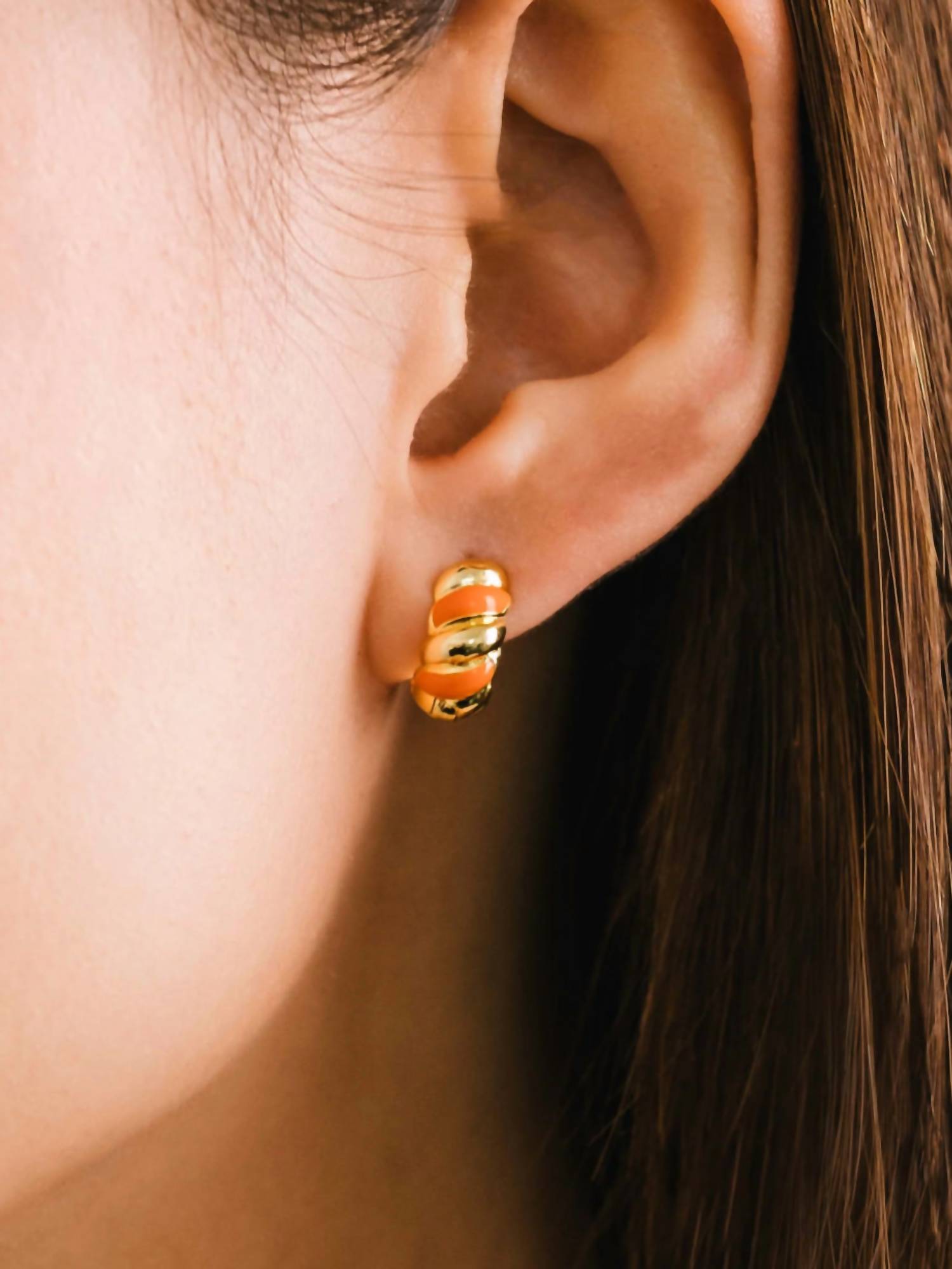 Lover's Tempo Women's Croissant Enamel Huggie Hoops Earrings in gold orange - women's jewelry - detail view