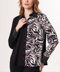 Angel Apparel Animal Print Shirt Wtih Vegan Leather Trim in black zebra - women's shirt