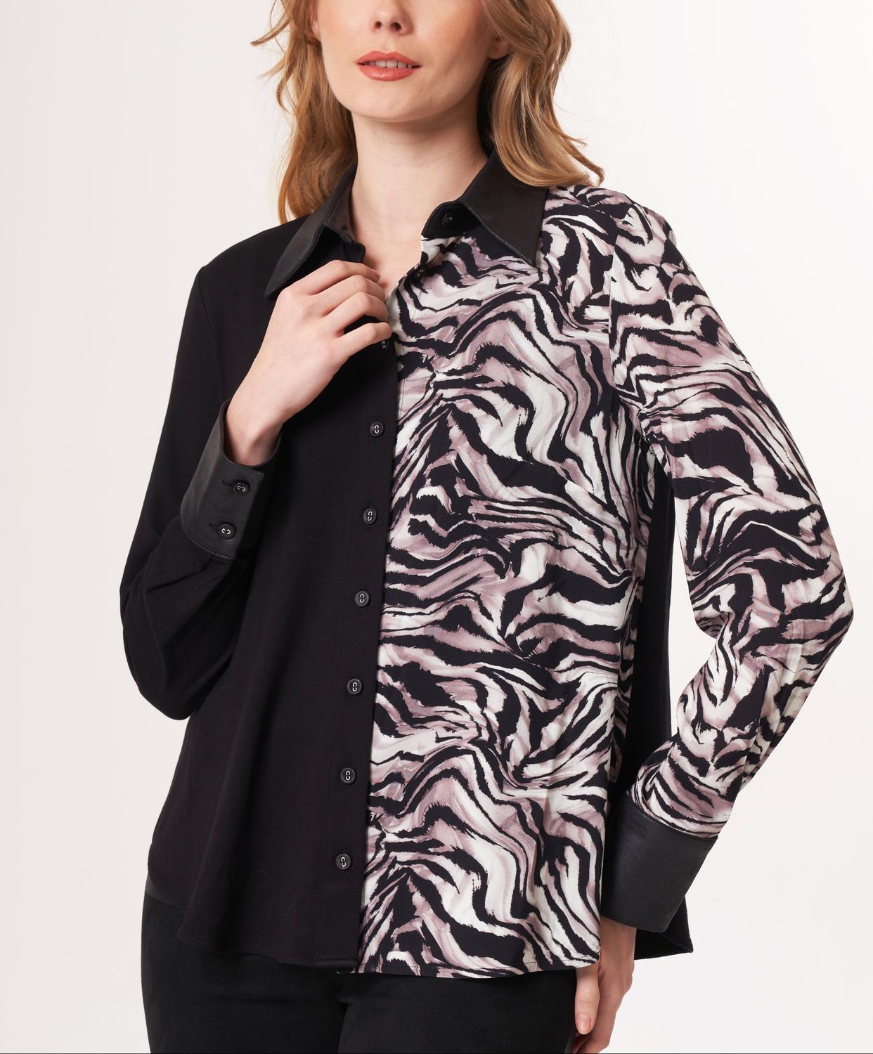 Angel Apparel Animal Print Shirt Wtih Vegan Leather Trim in black zebra - women's shirt