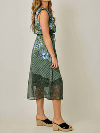 mystree Shoulder Tie Mixed Print Dress in deep emerald - women's dress - detail view