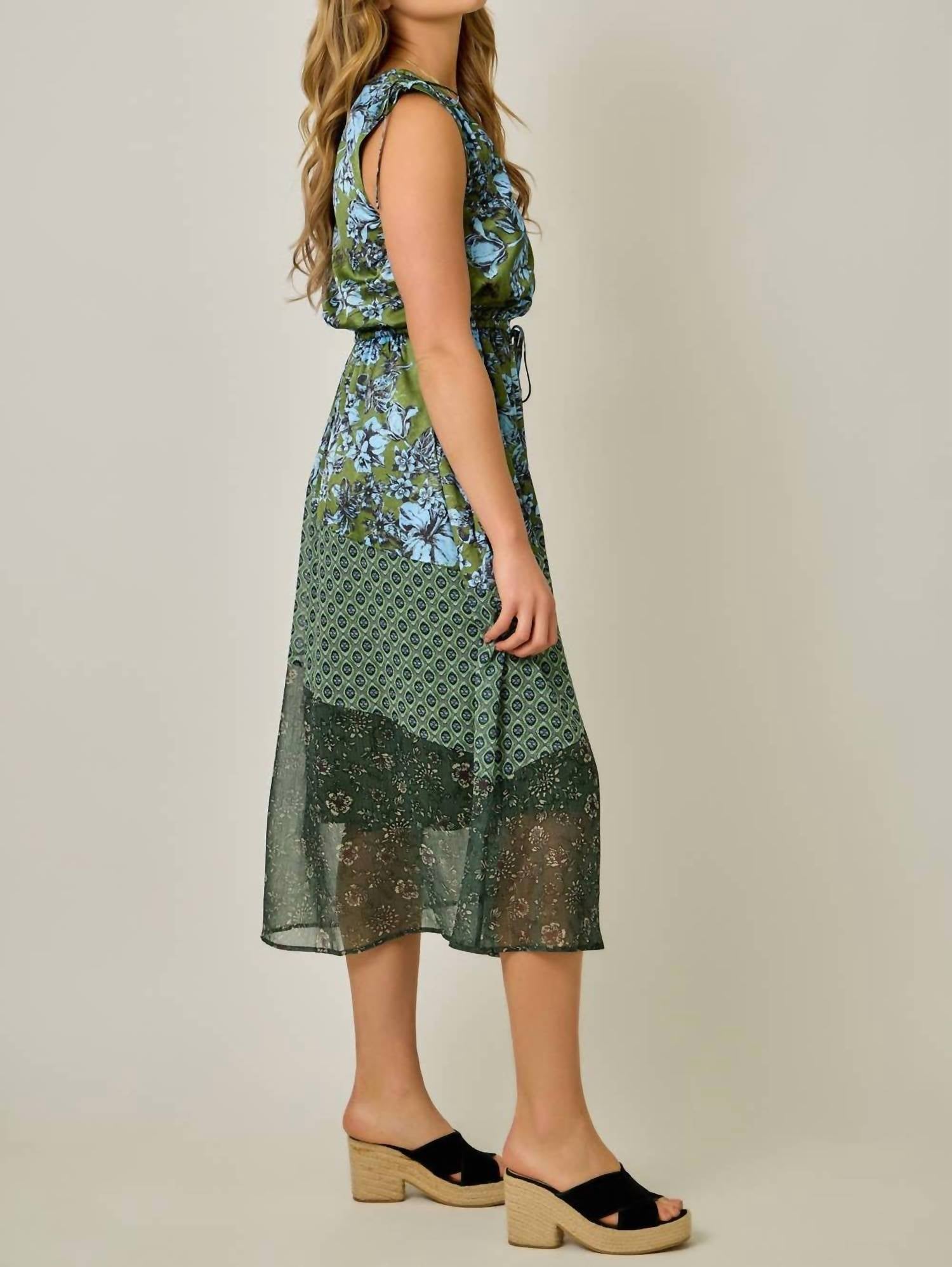 mystree Shoulder Tie Mixed Print Dress in deep emerald - women's dress - detail view