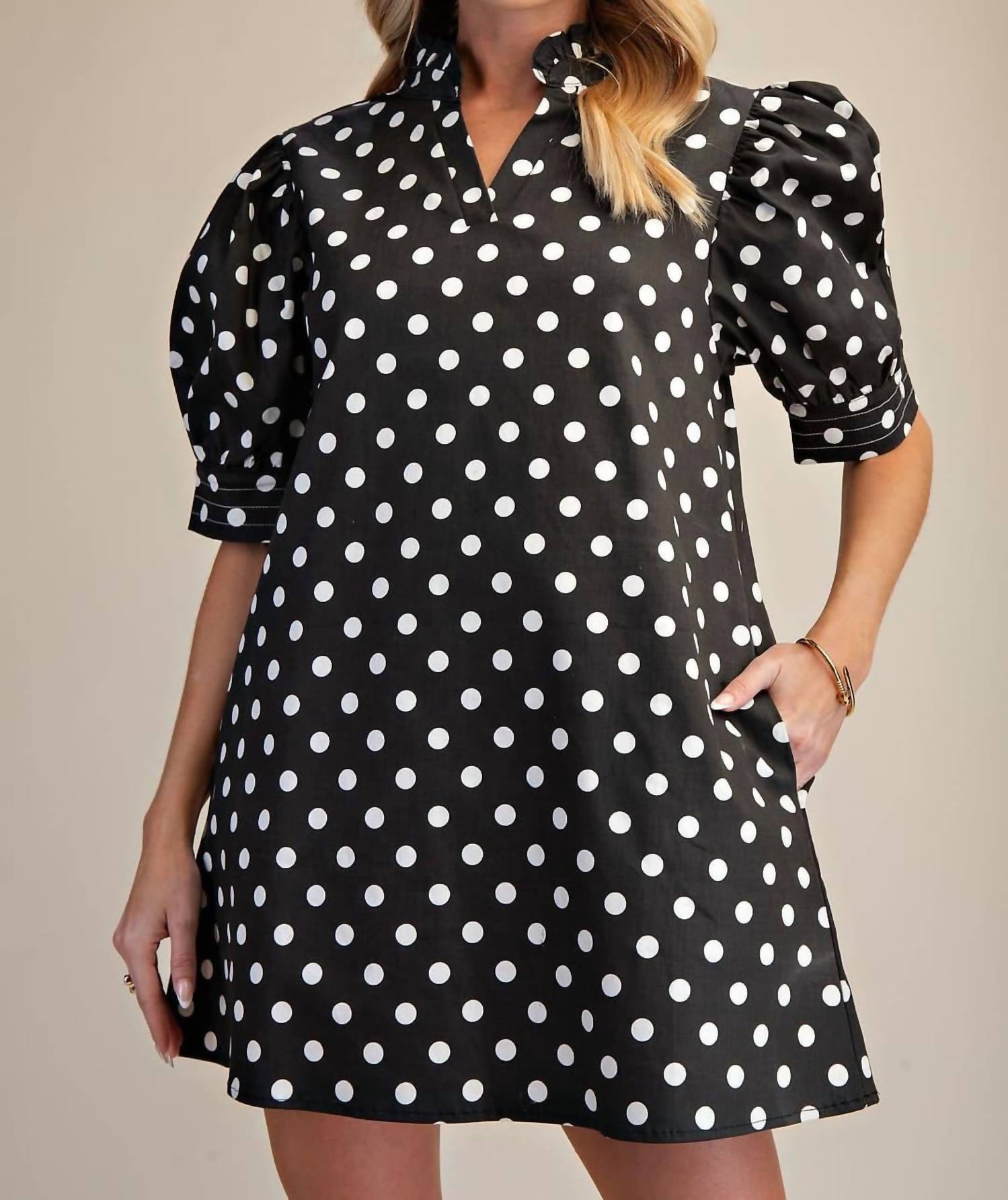 Glam - Ruffle Neck Polka Dot Dress