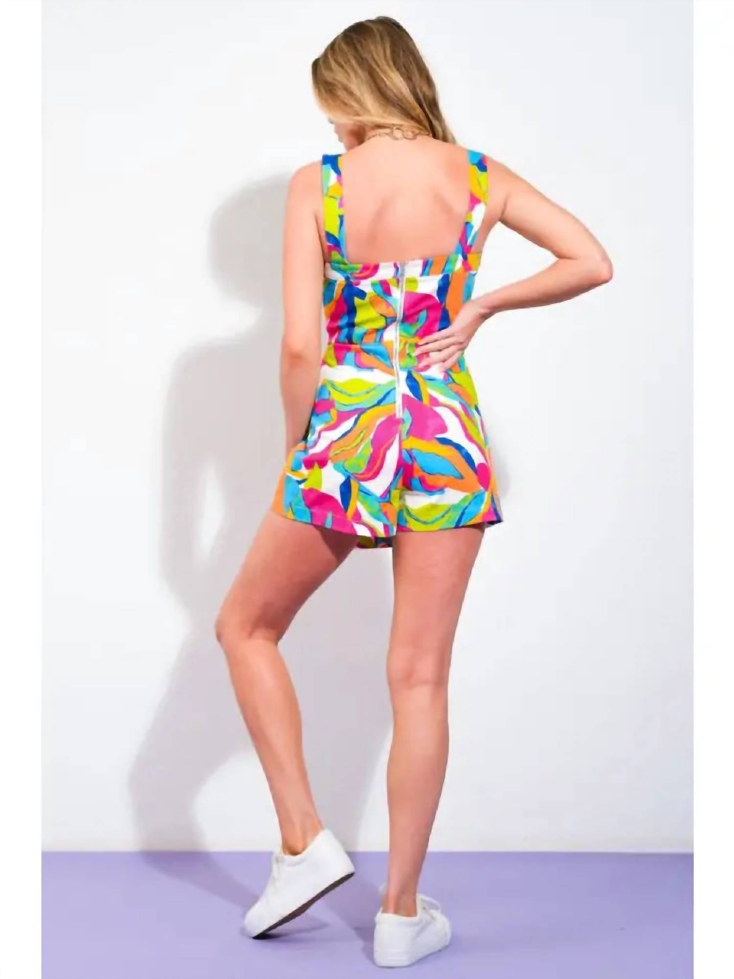 FLYING TOMATO Women's Patterned Straight Neckline Romper in kaleidoscope - women's pants - detail view